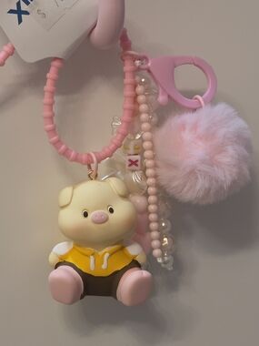 Cute Pig Keychain Charm with Pink Pom Pom